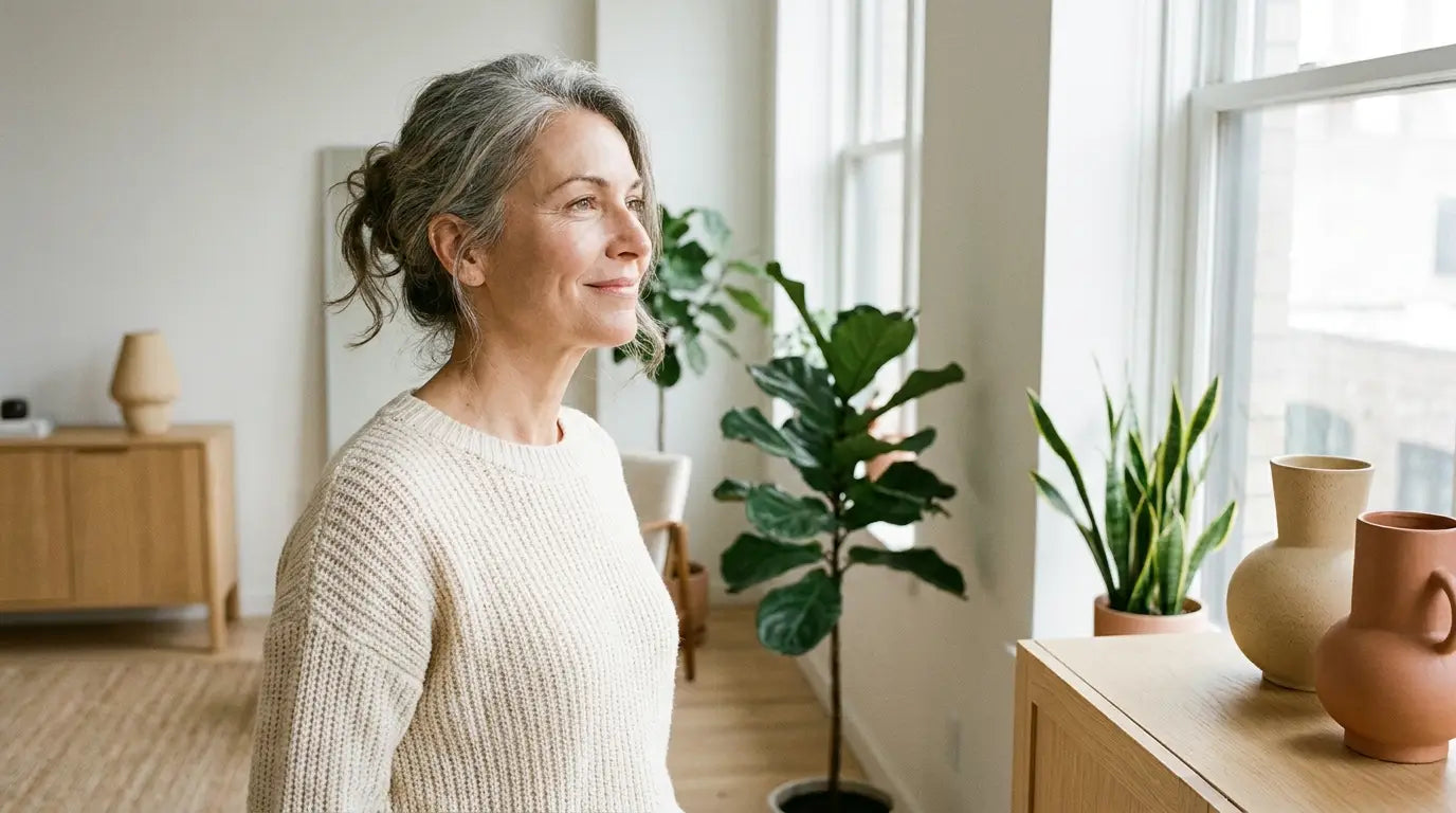 Selbstbewusste Frau um die 50 am Fenster, Thema Wechseljahre Symptome