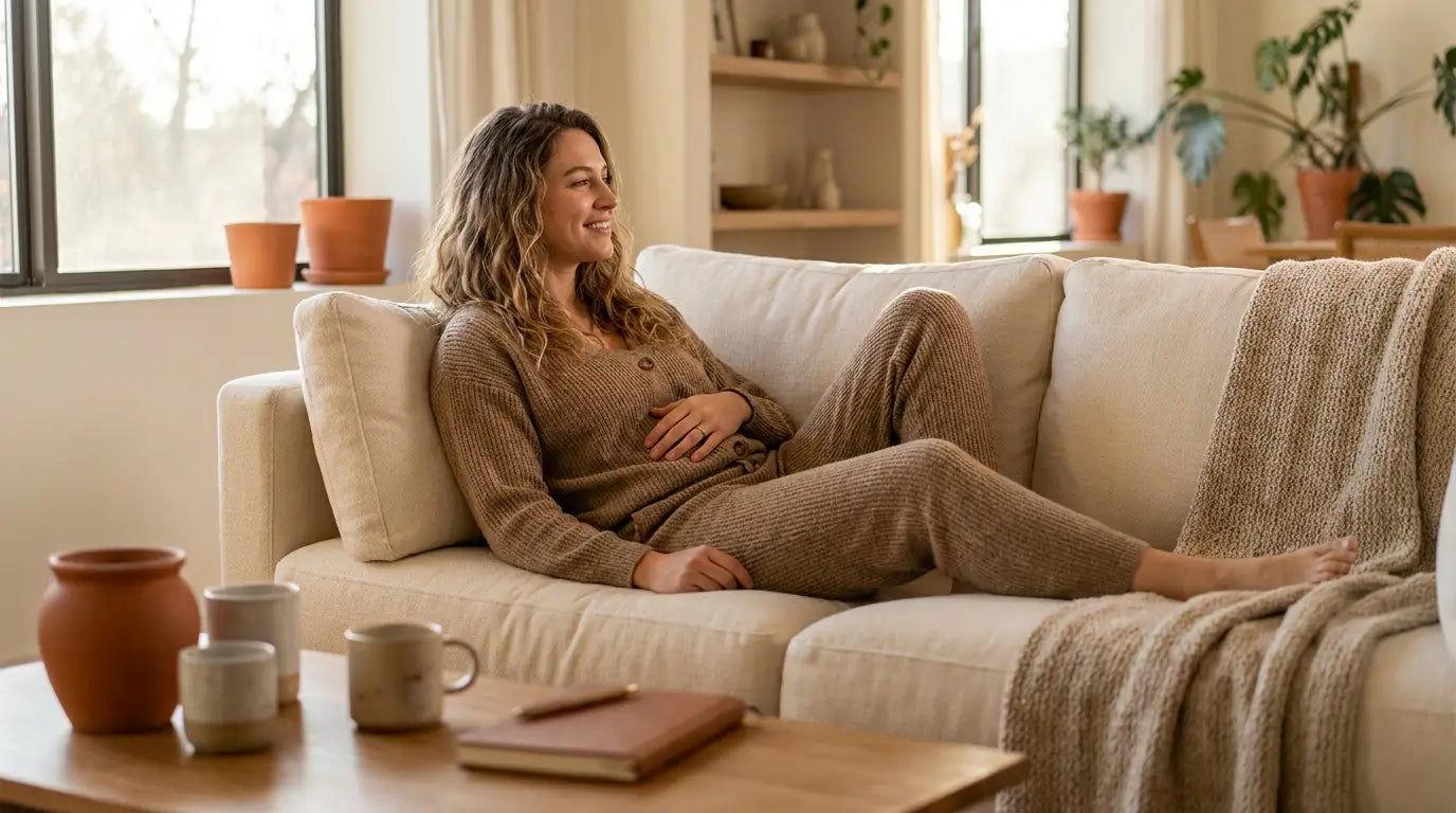 Junge Frau in Loungewear sitzt entspannt auf dem Sofa, eine Hand ruht locker auf dem Bauch