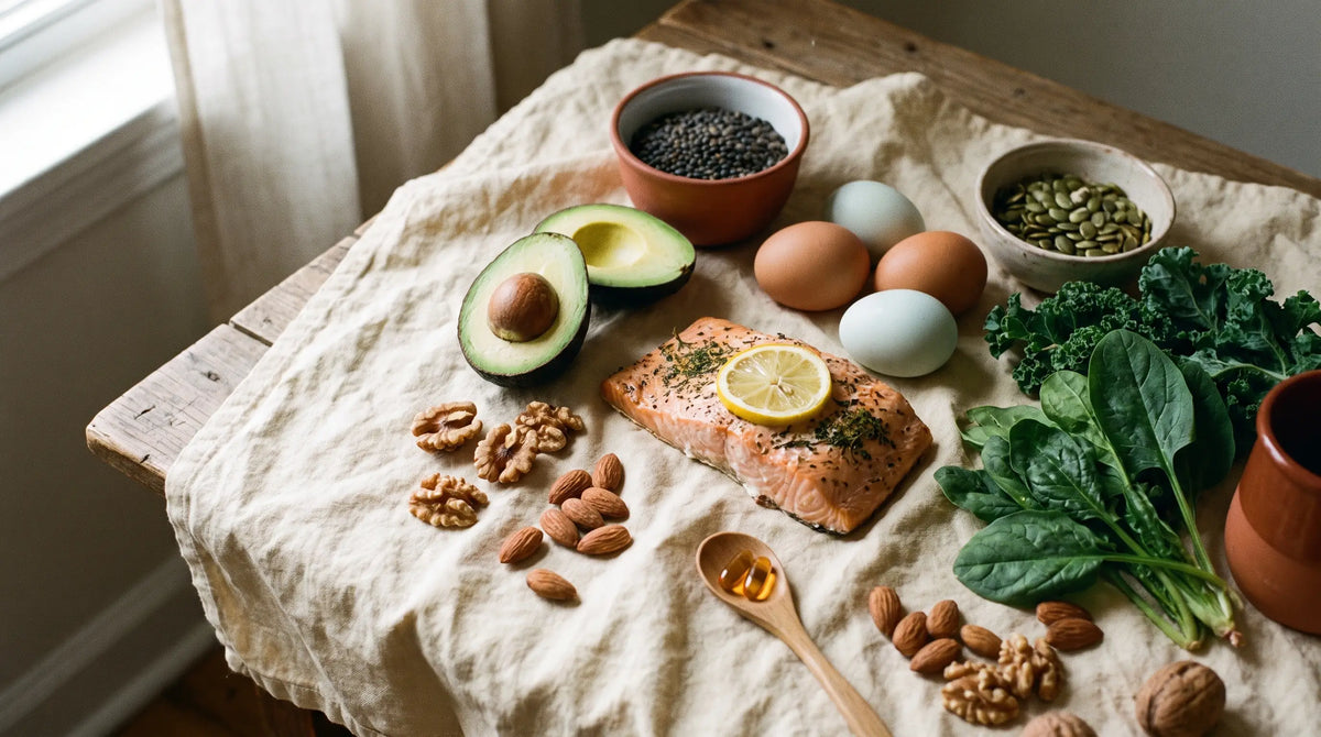 Fertility Maxxing: fruchtbarkeitsfördernde Lebensmittel wie Lachs, Eier, Nüsse, Kürbiskerne und grünes Blattgemüse von oben auf hellem Leinen