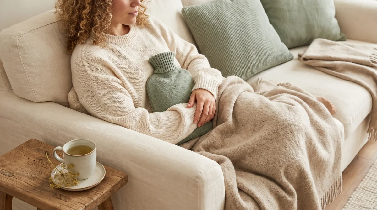 Frau mit Wärmflasche und Fencheltee auf dem Sofa, Symbolbild für Verdauungsbeschwerden im Zyklus