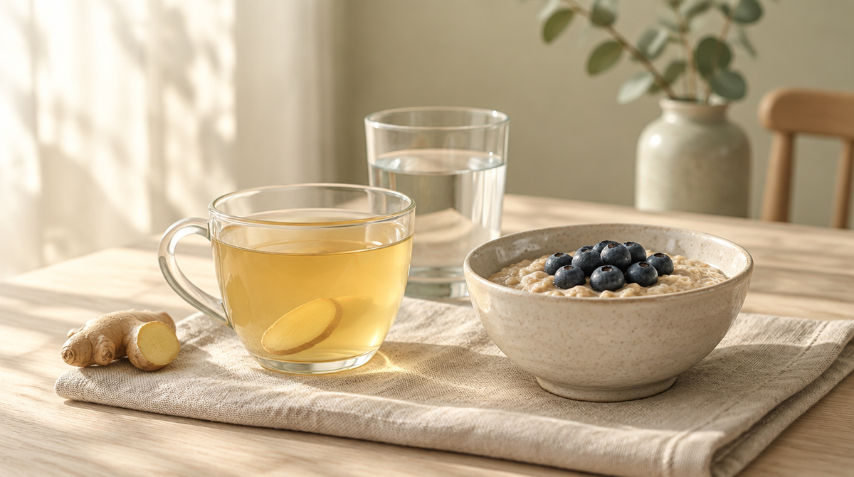 Ingwertee, Wasserglas und Haferflocken mit Blaubeeren auf Leinenstoff, Thema Ernährung bei Übelkeit unter der Abnehmspritze