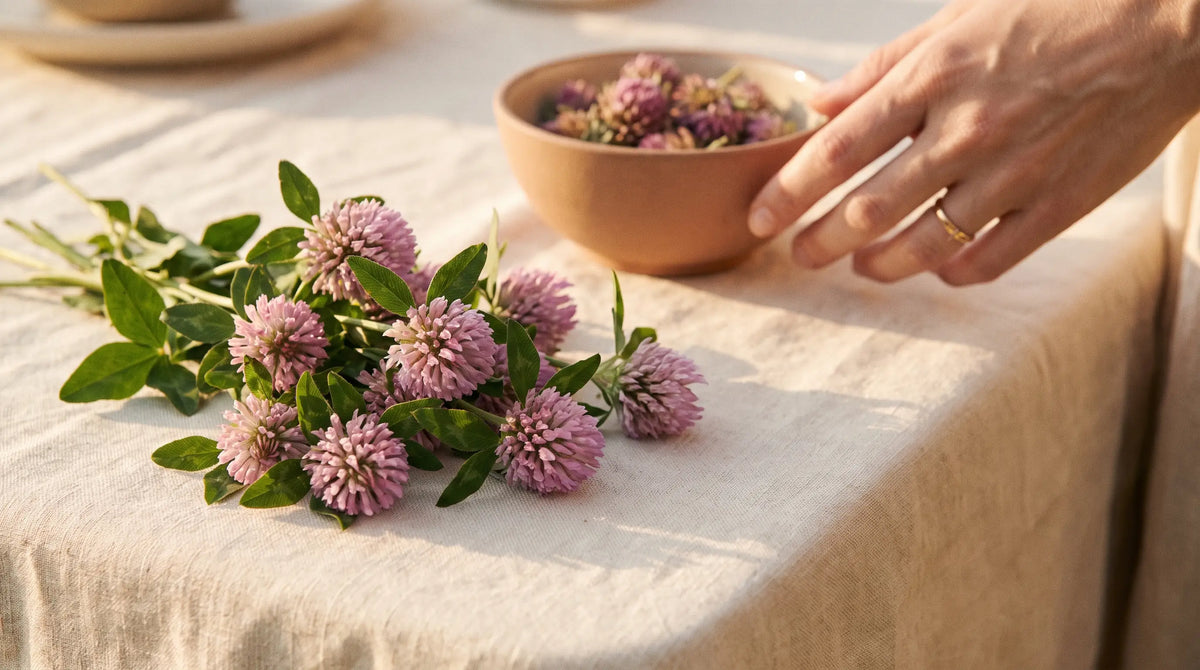 Frische Rotklee-Blüten und getrockneter Rotklee in einer Keramikschale auf Leinen
