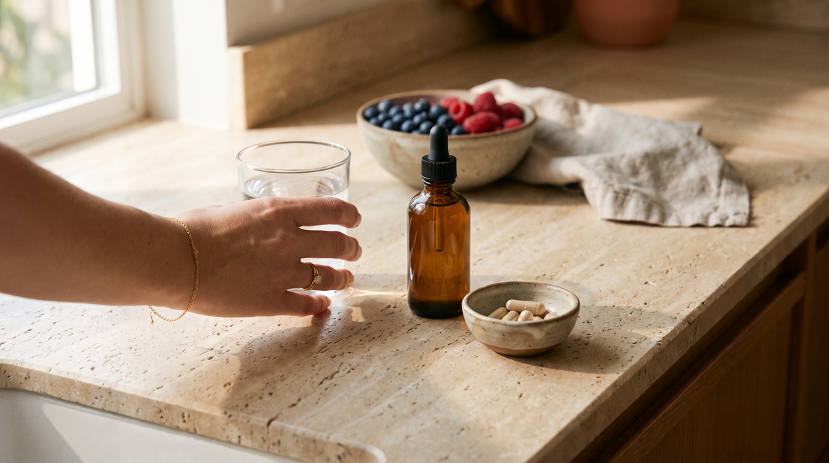 PCOS-Behandlung ohne Pille: Morgenroutine mit Wasserglas, Kapseln und unbeschrifteter Braunglasflasche