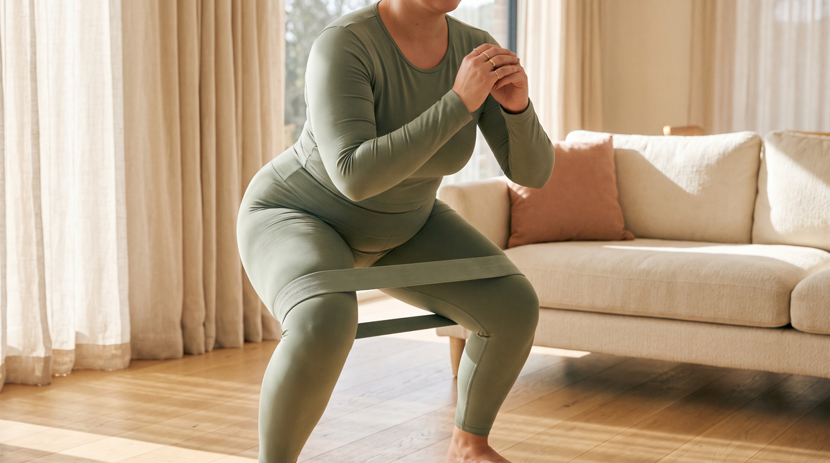 Hormonbauch loswerden: Frau in salbeigrünem Sportoutfit beim Krafttraining zu Hause