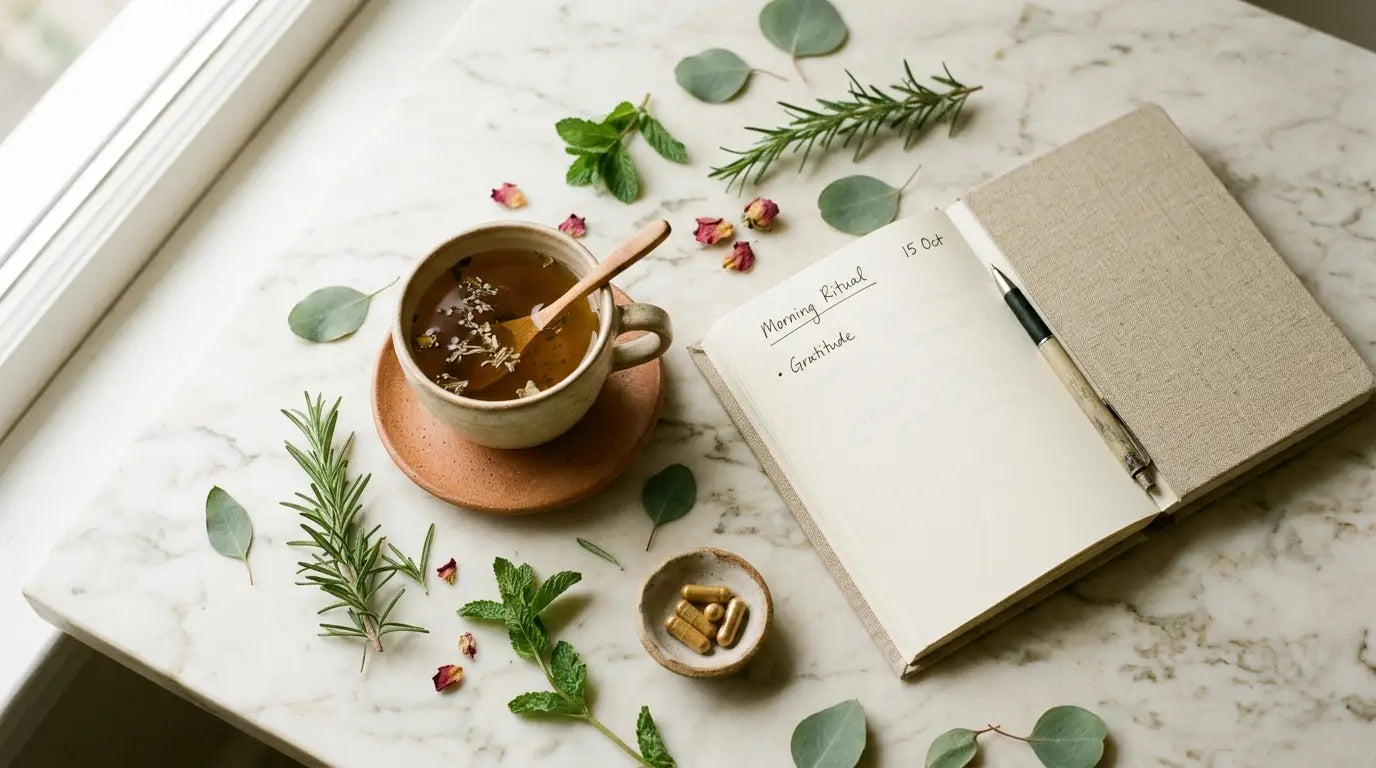 Flatlay mit Tasse Tee, Notizbuch, Kapseln und grünen Kräutern auf hellem Marmor