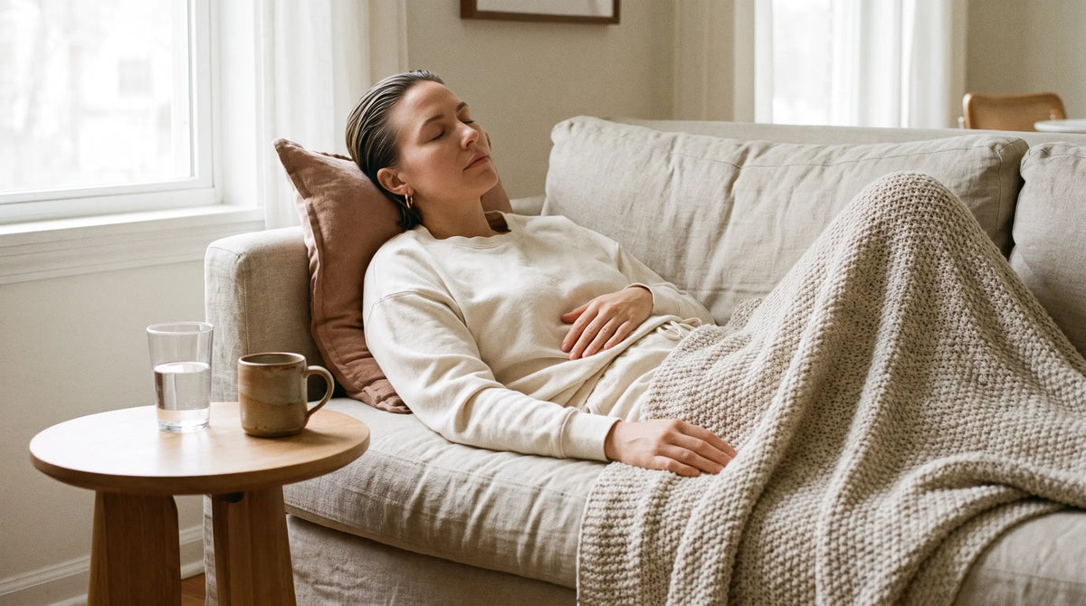 Erholung nach der Bauchspiegelung bei Endometriose: Frau ruht mit Decke auf dem Sofa, Hand auf dem Bauch