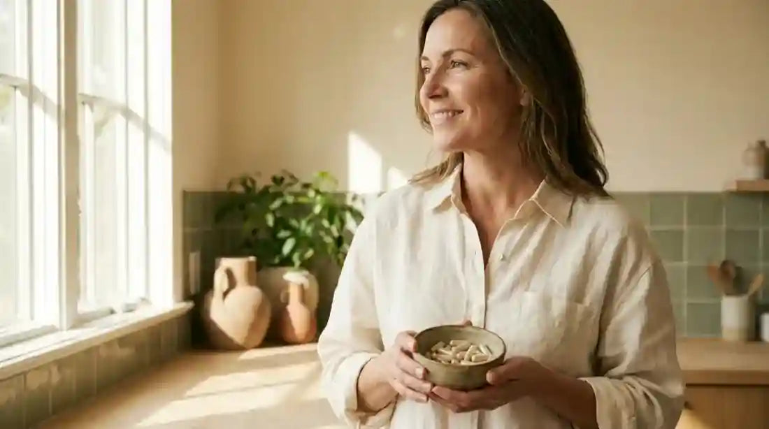 Frau Mitte 40 in heller Küche am Morgen, hält Schälchen mit Supplements, warme Töne, Wechseljahre Magnesium