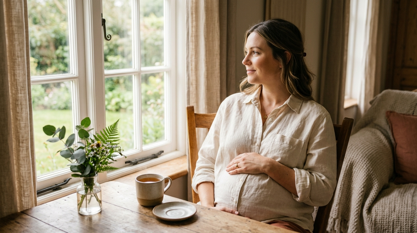 Frau sitzt ruhig am Fenster im Morgenlicht, eine Hand am Unterleib, Symbolbild Endometriose und Kinderwunsch