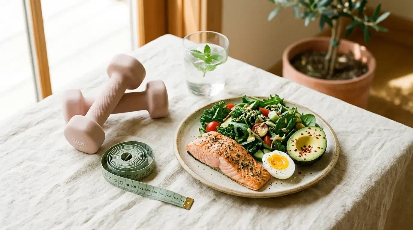 Eiweißreiche Mahlzeit mit Gemüse, Hanteln und Maßband als Symbol für Abnehmen mit PCOS