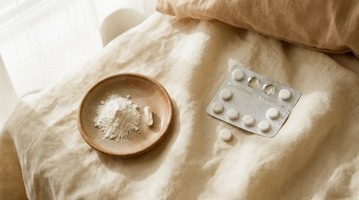 Inositol Pulver und Kapsel neben einem neutralen Tablettenblister als Sinnbild für Inositol vs. Metformin bei PCOS