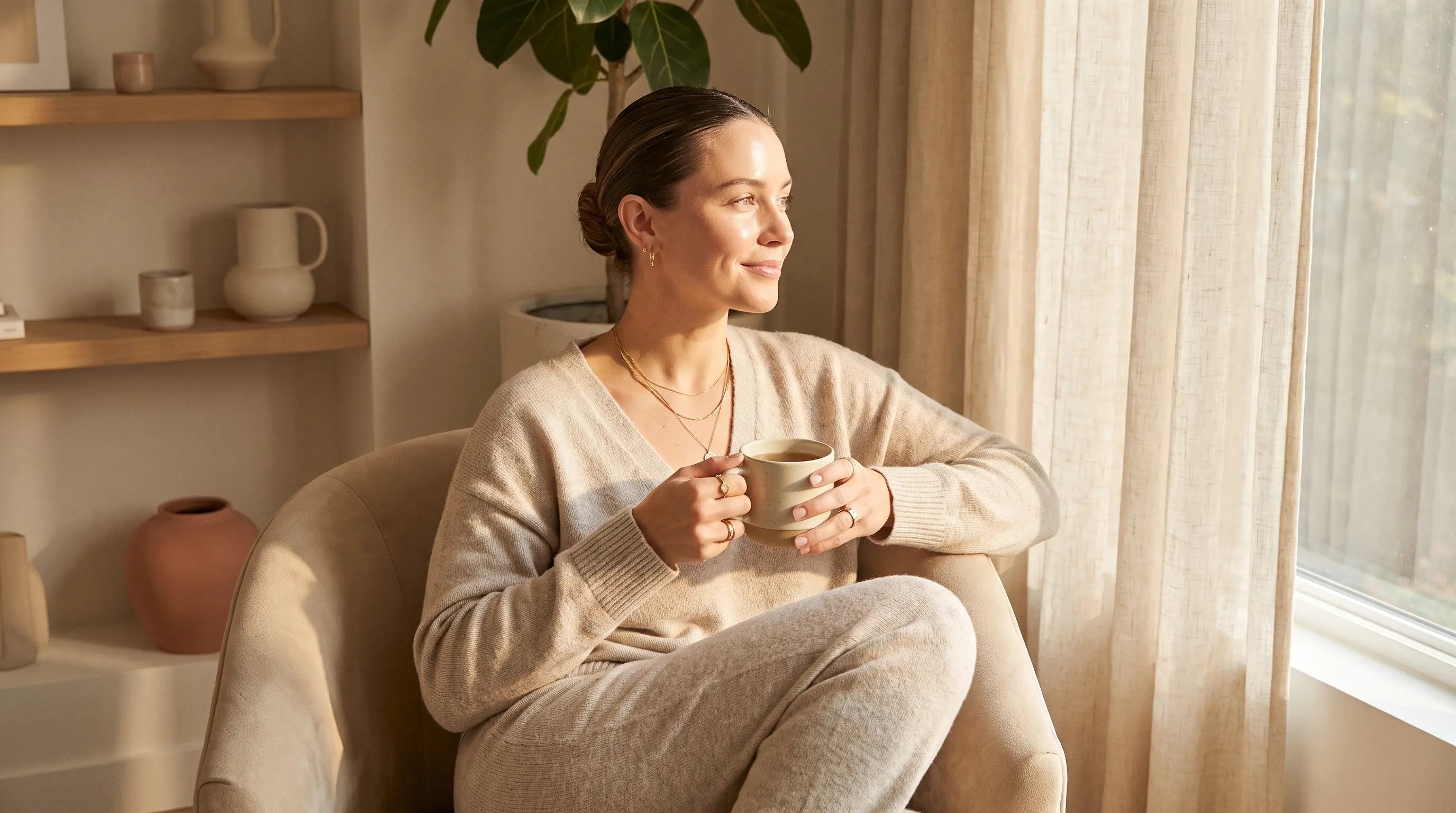 Ruhige Frau mit Teetasse am Fenster als Beitragsbild zum Thema HPV positiv was tun