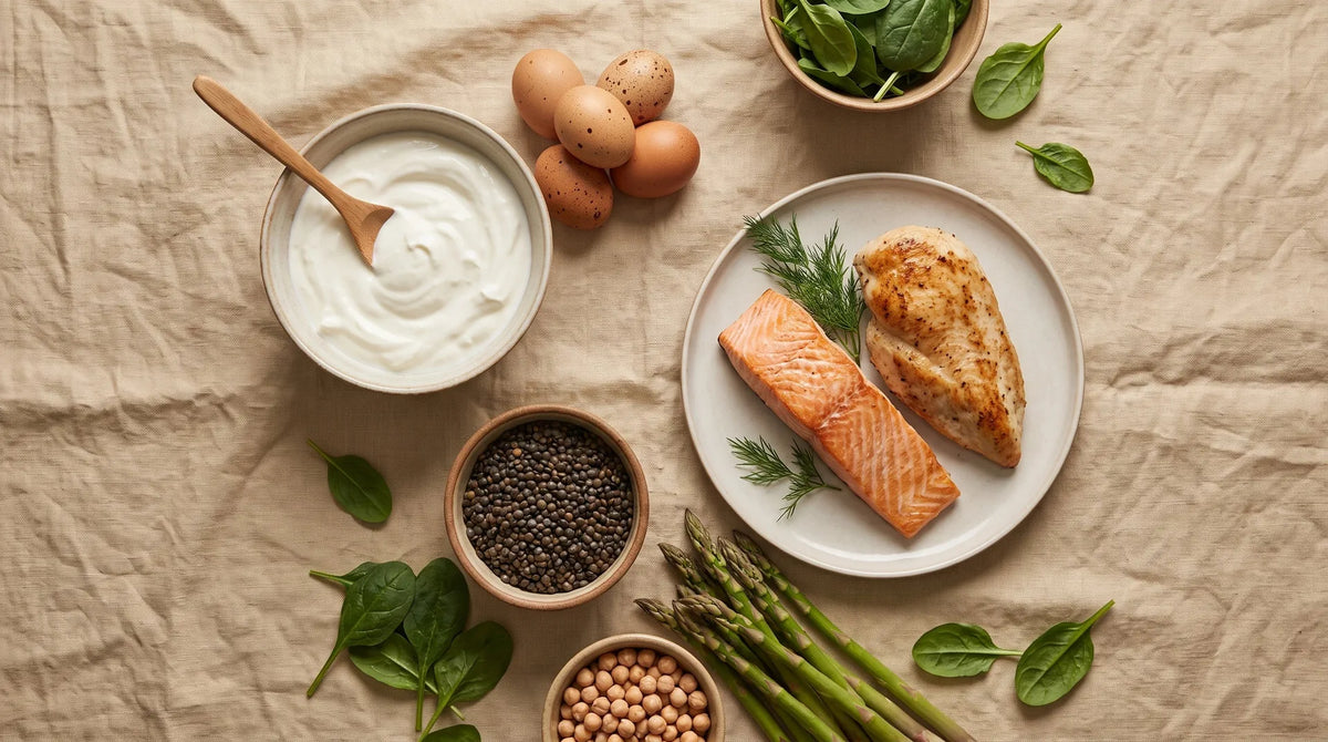 Eiweißreiche Kost wie Lachs und Linsen und Eier auf einem Tisch