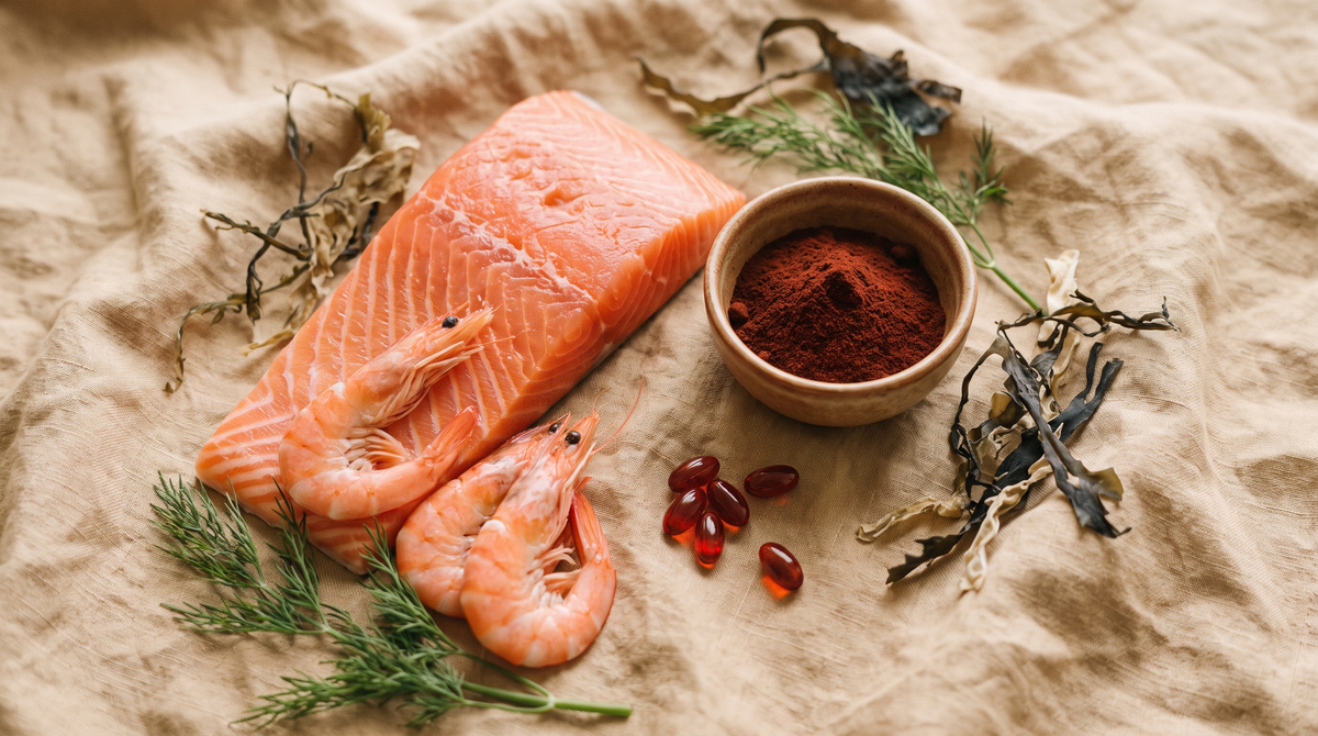 Natürliche Astaxanthin Quellen wie Wildlachs, Garnelen und rötliches Algenpulver auf hellem Leinen zum Thema Astaxanthin Wirkung