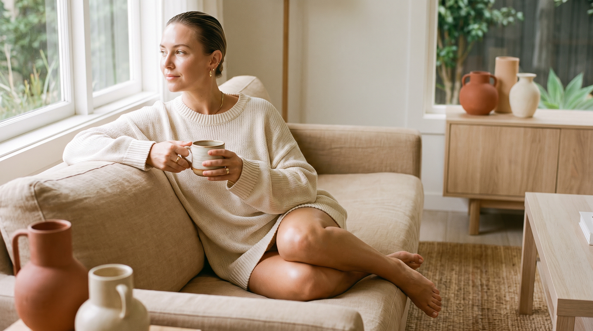 Entspannte Frau mit Tasse auf dem Sofa, Thema Kupferspirale und Gewichtszunahme