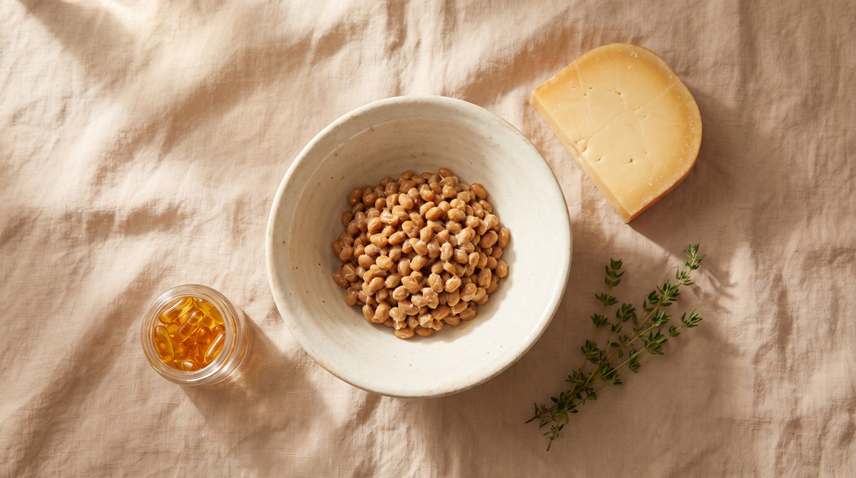 Natürliche Vitamin K2 Quellen von oben: Natto, Hartkäse und Softgel Kapseln auf hellem Leinen