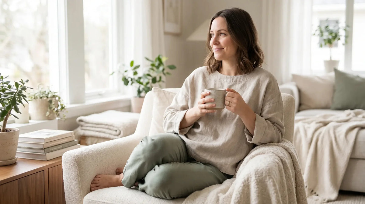 Frau sitzt ruhig mit einer Tasse Tee am Fenster, Symbolbild für einen gelassenen Umgang mit dem Pap-III-Befund