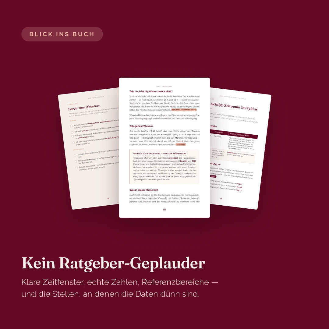 Innenseiten des Guides mit Kapiteln zu Haut nach dem Absetzen und zum richtigen Zeitpunkt für Blutwerte