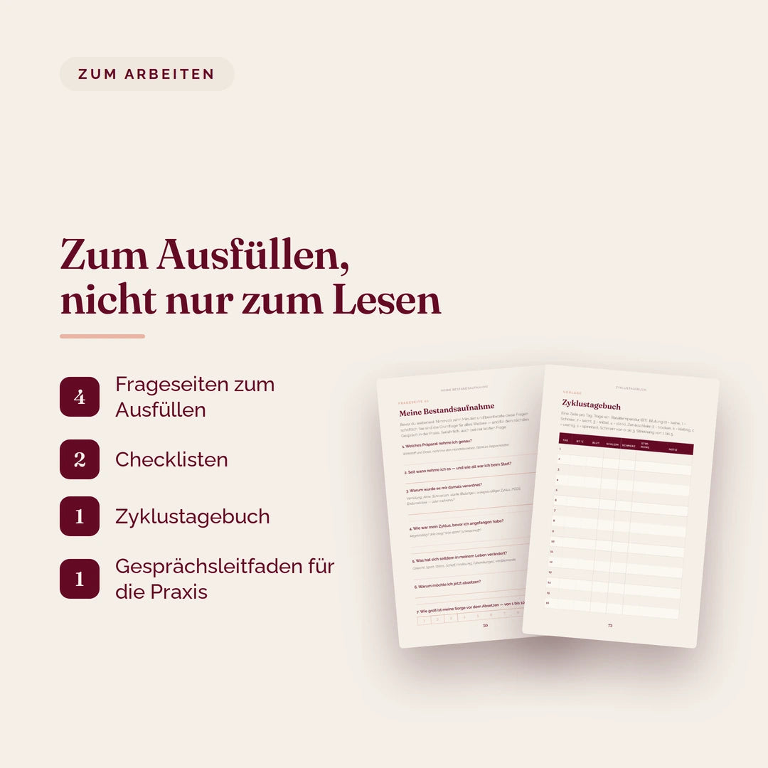 Arbeitsmaterial im Guide: vier Frageseiten zum Ausfüllen, zwei Checklisten und ein Zyklustagebuch