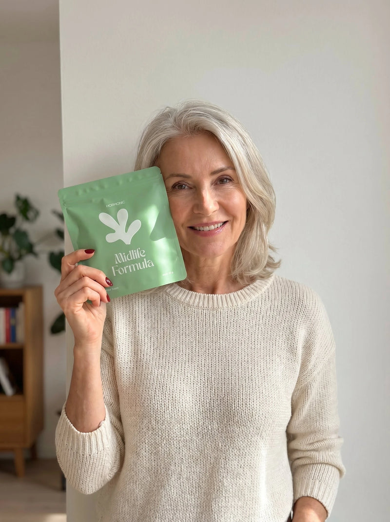 Frau hält einen Midlife Formula Beutel